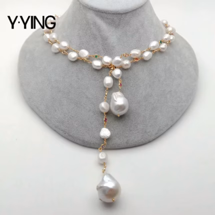 Y·YING 128cm Freshwater White Keshi Pearl white baroque pearl Mixed Color Cubic Zirconia Pave Chain Long Necklace women jewelry