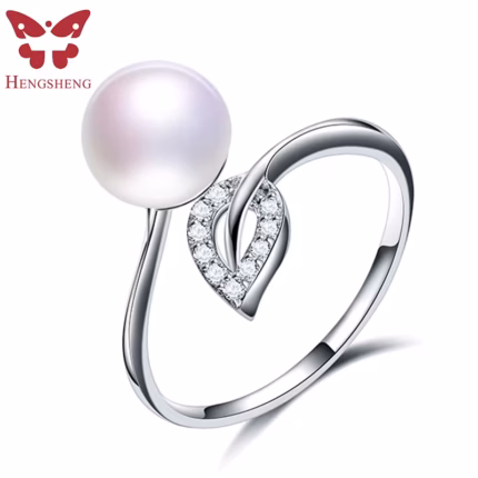 HENGSHENG Fashion Elegant Original 925 Sterling Silver Rings for Women Leaf design Ring Clear CZ Wedding Natural Pearl Jewelry