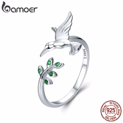 Bamoer 925 Sterling Silver Spring Tree Leaves & Bird Open Ring Green Zircon Adjustable Finger Ring for Women Fine Jewelry SCR323