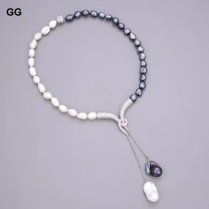 G-G Classic 19" Natural Black White Keshi Baroque Pearl Necklace Baroque Pearl CZ Paved Pendant For Women