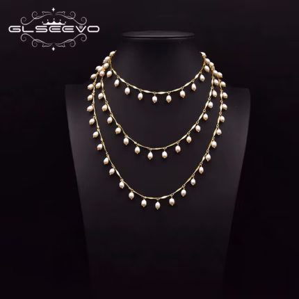 GLSEEVO Natural Fresh water Pearl Long Chain Necklace Women's Personalized Adjustable Length Jewelry Accessories Wedding GN0270