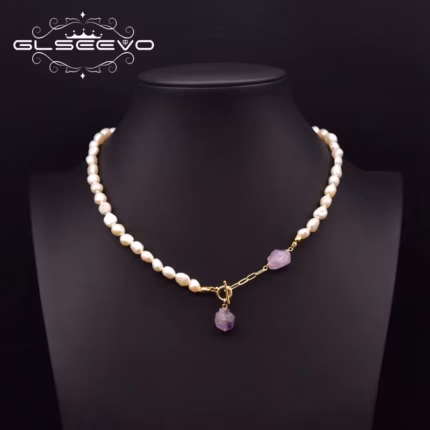 GLSEEVO Natural Freshwater Pearl Adjustable Amethyst Necklace Women's Wedding Sweater Chain Luxury Jewelry GN0296