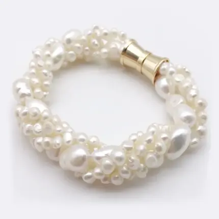 Natural breeding Real freshwater pearl white irregular 5-10 mm 4 rows pearl bracelet 20CM magnet clasp