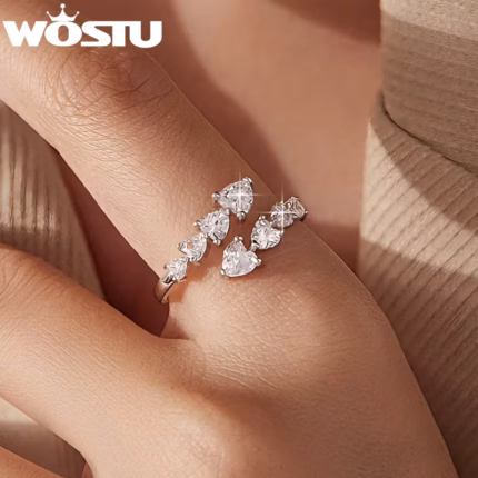 WOSTU 925 Silver Heart Promise Ring, Sparkling CZ Open Stackable Love Ring Minimalist Valentine's Day & Anniversary Gift For her