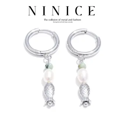 NiNice Stainless Steel Earrings Natural Stone Pearl Fish Pendant Ocean Style Beach PVD Coated Waterproof Gift New