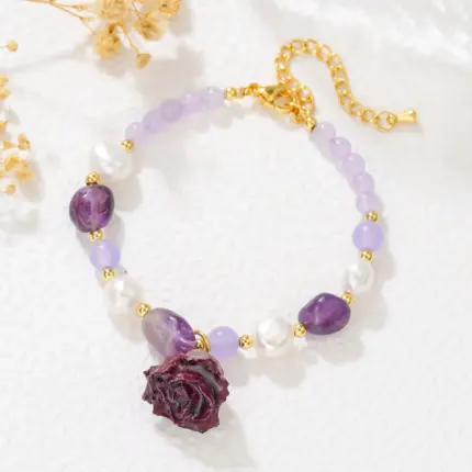 Sweet Rose Flower Purple Crystal Natural Freshwater Pearl 14K Gold Filled Lady Charm Bracelet Party Gifts No Fade