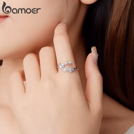 BAMOER 925 Sterling Silver Plum Blossom Open Ring Winter Flower Adjustable Ring with Frosted Texture for Women Elegant Gift