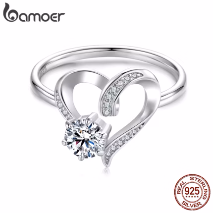 BAMOER 925 Sterling Silver Solitare Heart Love Moissanite Engagement Ring for Women, Gold Plated Wedding Band Promise Rings