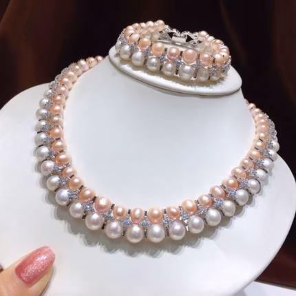 Fashion Natural 8-9mm Pink/White Pearl Short Clavicle Necklace Bracelet Set