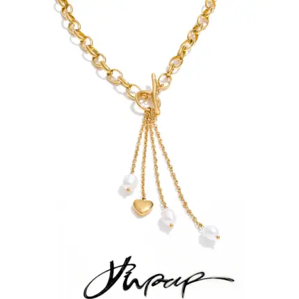 Yhpup 2026 Stainless Steel Natural Pearl Heart Tassel Chain Drop Necklace for Women Stylish Design Charm Jewelry Gift