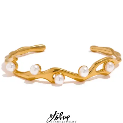 Yhpup Elegant Imitation Pearls Gold Color Stainless Steel Twist Cuff Bracelet Bangle Waterproof Charm Jewelry for Women Gift
