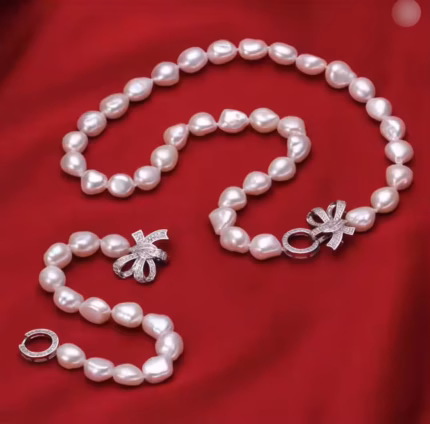 Hand knotted 10-11mm white freshwater baroque pearl necklace 45cm bracelet 20cm set micro inlaid zircon accessory