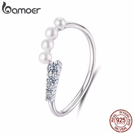 BAMOER Freshwater Pearl Moissanite Ring 4 Stones Multi-sizes Round Cut Lab Diamond 925 Sterling Silver Elegant Jewelry for Women