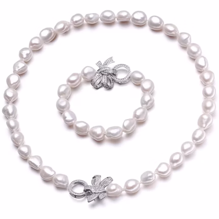 Genuine Pearl Necklace Sets For Women,Natural Freshwater White Pearl Necklace Bracelet Jewelry Sets Wife Mother Gifts