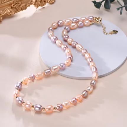 HENGSHENG 6-7mm Rice Shape Freshwater White Pink Purple Mixed Color Pearl Necklace 925 Sterling Silver Jewelry for Women Girls
