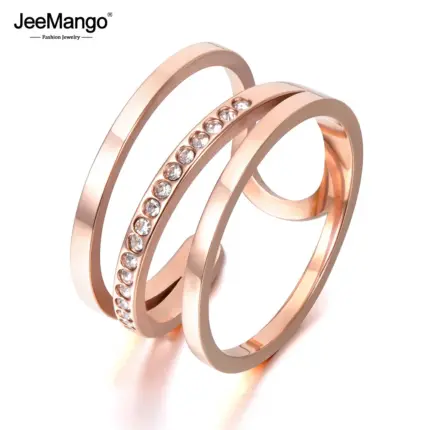 JeeMango Fashion Titanium Steel Rings Luxury Rose Gold Color Micro Pave AAA Cubic Zircon Wedding Ring For Women Girls JR17139