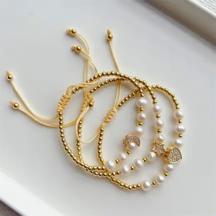 KKBEAD Gold Color Copper Beads Pulseras Natural Freshwater Pearl Bracelets Zircon Heart Moon Star Charm Bracelet for Women