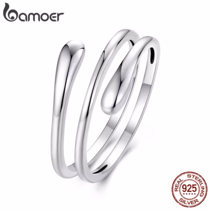 BAMOER Solid 925 Sterling Silver Twist Eternity Band, Teardrop Chunky High Polish Tarnish Comfort Fit Open Ring for Women