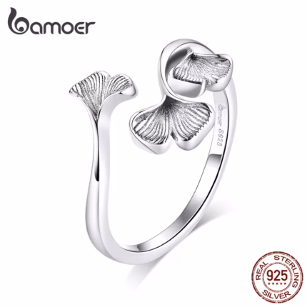 bamoer Silver 925 Design Ginkgo Leaf Finger Rings for Women Vintage Bijoux 925 Sterling Silver Trendy Wedding Jewelry BSR097