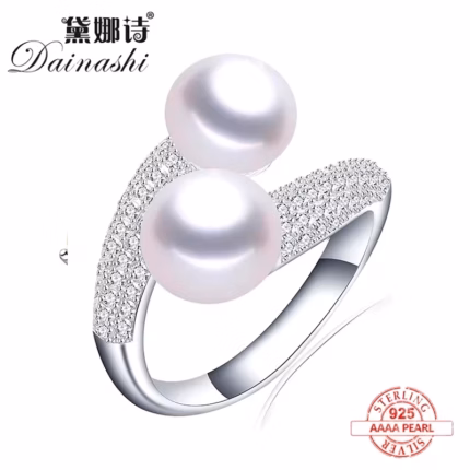 2026 New Double Pearl Adjustable Natural Freshwater Pearl Original 925 Sterling Silver Zircon Women's Ring Fine Bridal Jewelry