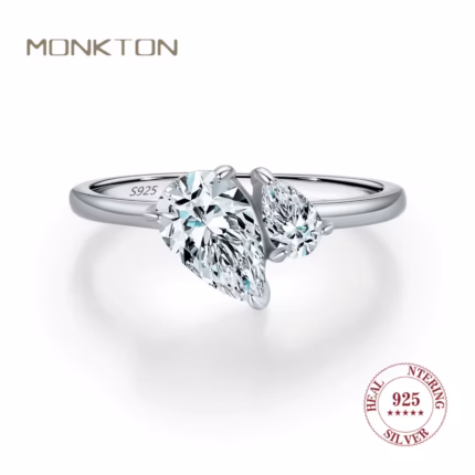 Monkton Genuine S925 Sterling Silver Two Stone Water Drop Rings For Women Dazzling Design Pear Shape CZ Finger Ring Fine Jewelry