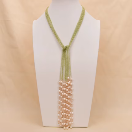 G-G 35'' 5 Strands Cultured White Pearl Natural Green Olivine Stone Long Chain Necklace