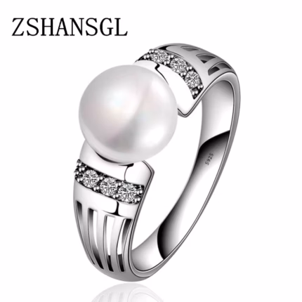 New Collection stamp Silver color filled Rings Big CZ & FreshWater Pearl Rings for Women Wedding Valentine's Day Jewelry Gift