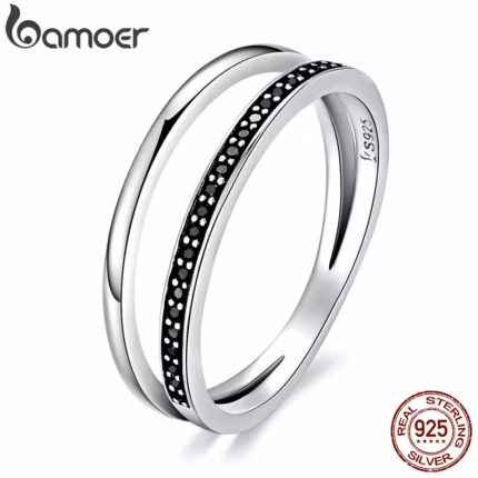Bamoer Genuine 925 Sterling Silver Double Circle Black Clear CZ Stackable Finger Ring for Women Fine Silver Jewelry Gift SCR082