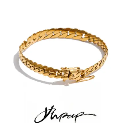 Yhpup Stainless Steel Cuban Chain Bracelet Bangle 18K Golden PVD Plated Waterproof Exclusive Style Personalized Jewelry Polished