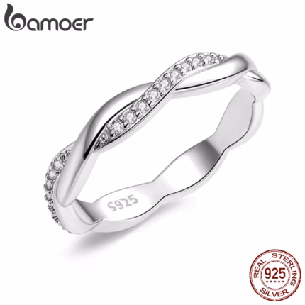 BAMOER 925 Sterling Silver Twisted Vine Cubic Zirconia Eternity Band Wedding Band Ring for Women 3 Colors