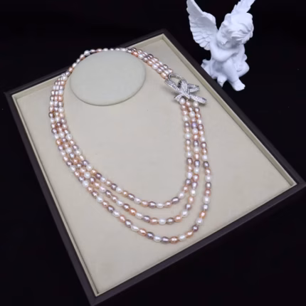 Hand knotted necklace natural 6-7mm multicolor pink purple freshwater rice pearl necklace 3 rows 19-23inch fashion jewelry