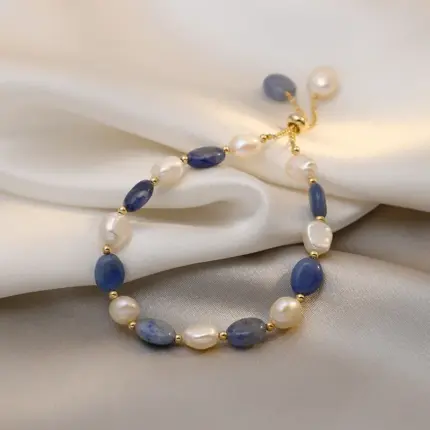 Vintage Sky Blue Natural Stone Natural Pearl Luxury Bracelet for Woman New Stainless Steel Cuff Bracelet Fashion Jewelry Gift