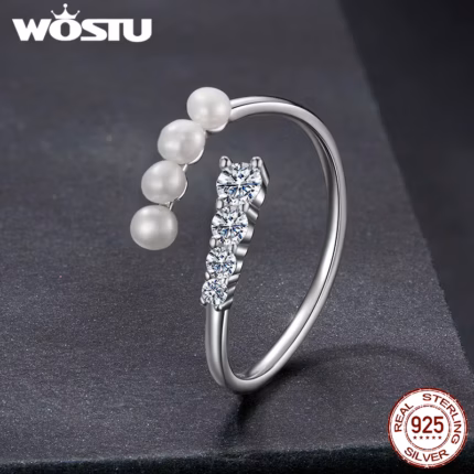 WOSTU Moissanite Pearl Open Ring White Gold Luxury Original 925 Sterling Silver Gentle For Women Engagement Wedding Fine Jewelry