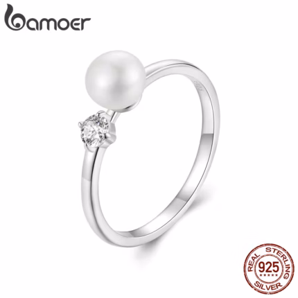 BAMOER 925 Sterling Silver Luxury Natural Pearl Moissanite Ring for Women Anniversary Statement Gift Fine Jewelry MSR053