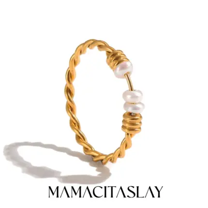 MamacitaSlay Simple 316L Stainless Steel Twisted Band Pearl Ring 18K Gold Plated Waterproof Stackable Jewelry For Women Gift