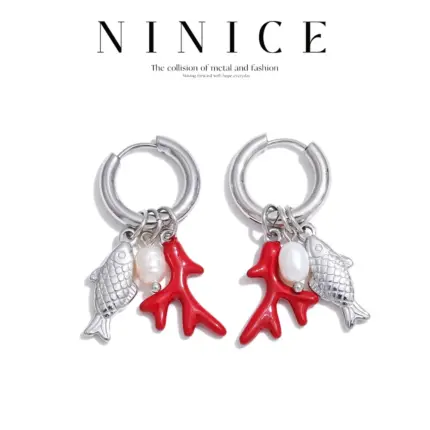 NiNice Ocean Style Stainless Steel Natural Pearl Fish Drop Charm Hoop Earrings for Women Summer Arrivals Ear Jewelry