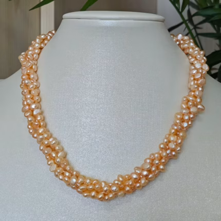 Hand knotted distortion 4rows 4-5mm pink brown baroque freshwater pearl necklace 45cm