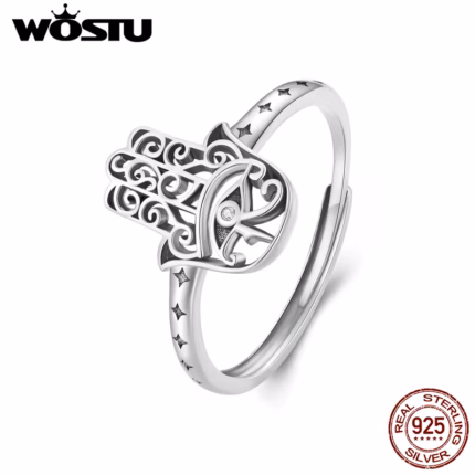WOSTU 925 Sterling Silver Vintage Style Lucky Hand Of Fatima Opening Ring Blue Demon's Eye Stackable Rings Party Jewelry Gift