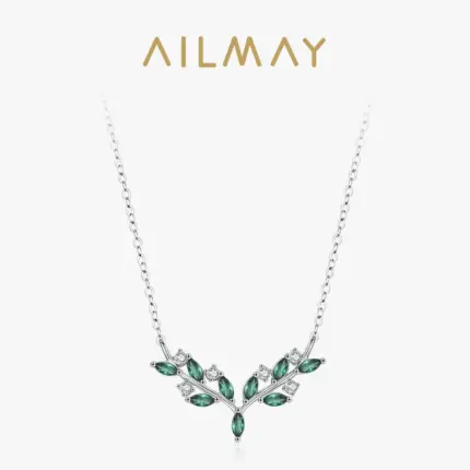 Ailmay 925 Sterling Silver Temperament Green Zircon Olive Branch Leaves Pendant Necklace For Women Jewelry Wedding Gift