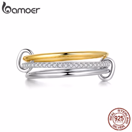 BAMOER Two-tones Moissanite Ring Three-layer Interlocked Ring 925 Sterling Silver D Color VVS1 Women Stackable Rings Set Gift