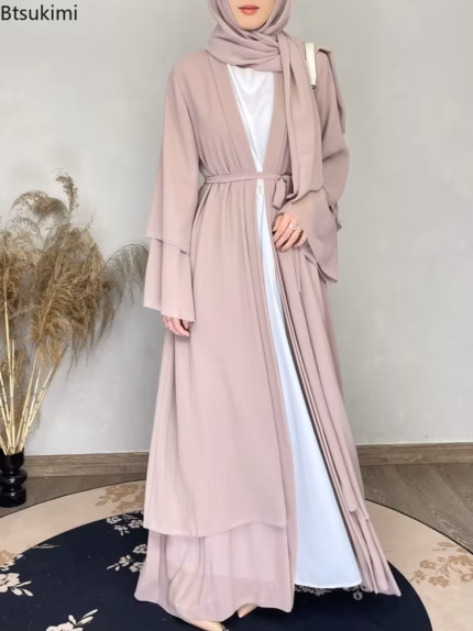 New Chiffon Open Abaya Dubai Turkey Kaftan Muslim Cardigan Abayas Simple Dress for Women Casual Robe Solid Caftan Islam Clothing