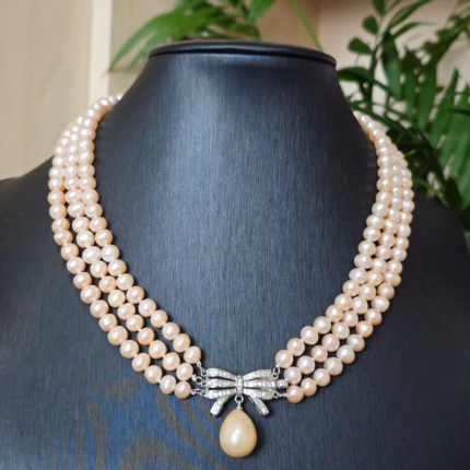 Hand knotted 3 rows 43-47cm 5-6mm pink purple nearly round freshwater pearl bowknot micro inlay zircon necklace fashion jewelry