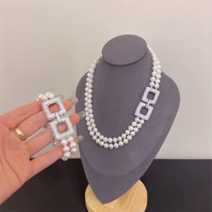 Natural Freshwater Cultured White Pearl Necklace Bracelet Suit