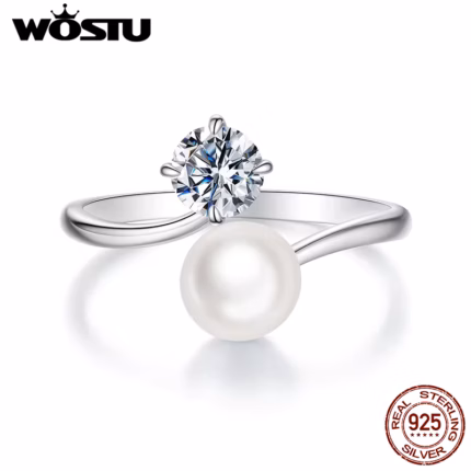 WOSTU Forever Love Moissanite Natural Pearl Opening Ring s925 Silver Diamond Cut Adjustable Rings Lady Anniversary Mom's Gift