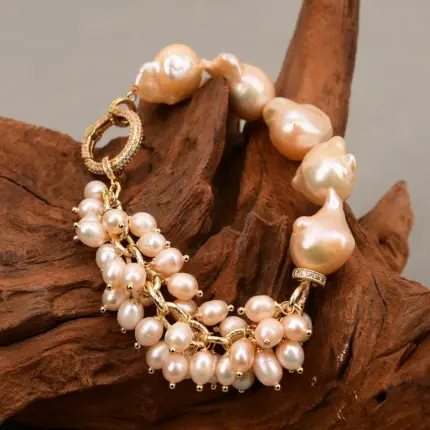 G-G Cultured Pink Color Rice Pearl Baroque Keshi Pearl Chain Bracelet Handmade Gifts For Women