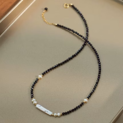 HENGSHENG OL Black Spinel Natural Crystal 4-5mm 5*20mm Freshwater Baroque Pearl 14K Deposit Necklace For Women Girl Jewelry Gift