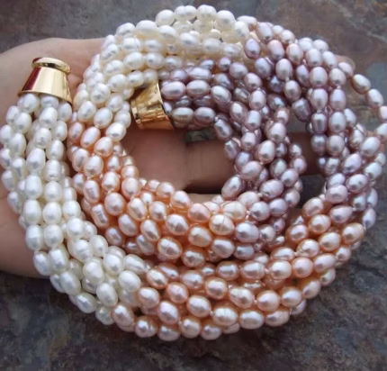 Natural 18'' 8 Strands Cultured White Pink Purple Color Rice Freshwater Pearl Torsade Necklace