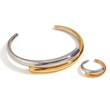 MamacitaSlay Stylish Minimalist Double Laminate Stainless Steel Bracelet Trendy Gold Silver Color Mixing Rings For Women Jewelry