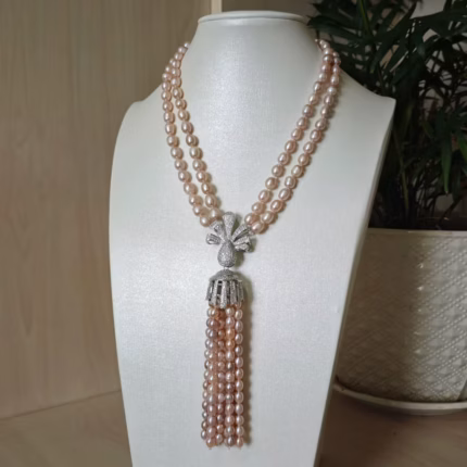 Hand knotted tassel necklace 2rows natural 7-8mm 5-6mm purple rice freshwater pearl micro inlaid zircon accessory 45-48cm