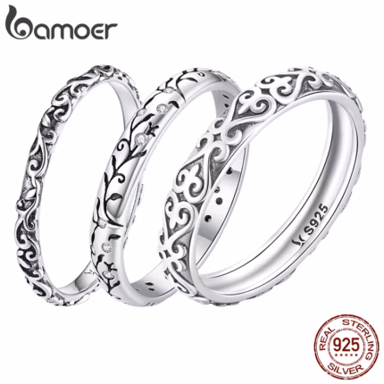 BAMOER 925 Sterling Silver Vintage Embossed Vine Pattern Band Ring for Women, Stackable Engraved Iris Ring Minimalist Daily Gift
